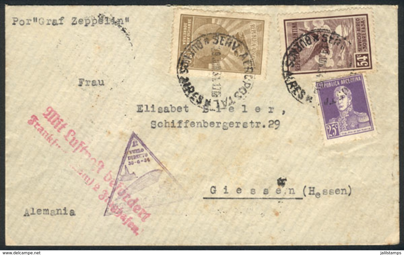 ARGENTINA: Cover Sent From Buenos Aires To Germany On 29/JUN/1934, With Special Triangular Handstamp Of Zeppelin Flight  - Sonstige & Ohne Zuordnung