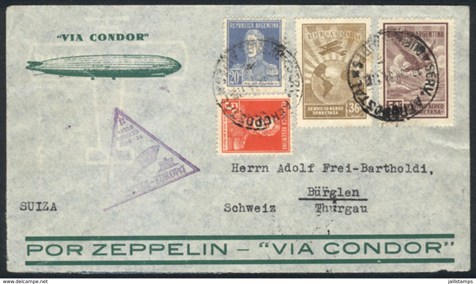 ARGENTINA: Cover Franked With $1.15, Sent From Buenos Aires To Switzerland On 29/JUN/1934, With Special Triangular Hands - Sonstige & Ohne Zuordnung