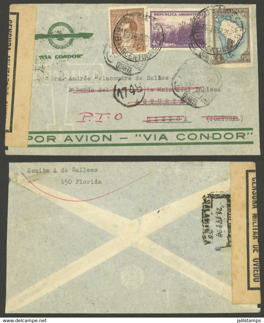 ARGENTINA: Airmail Cover Flown By Condor On 15/FE/1939 To A Passenger Aboard British Steamer "Asturias" In Lisboa, Portu - Sonstige & Ohne Zuordnung