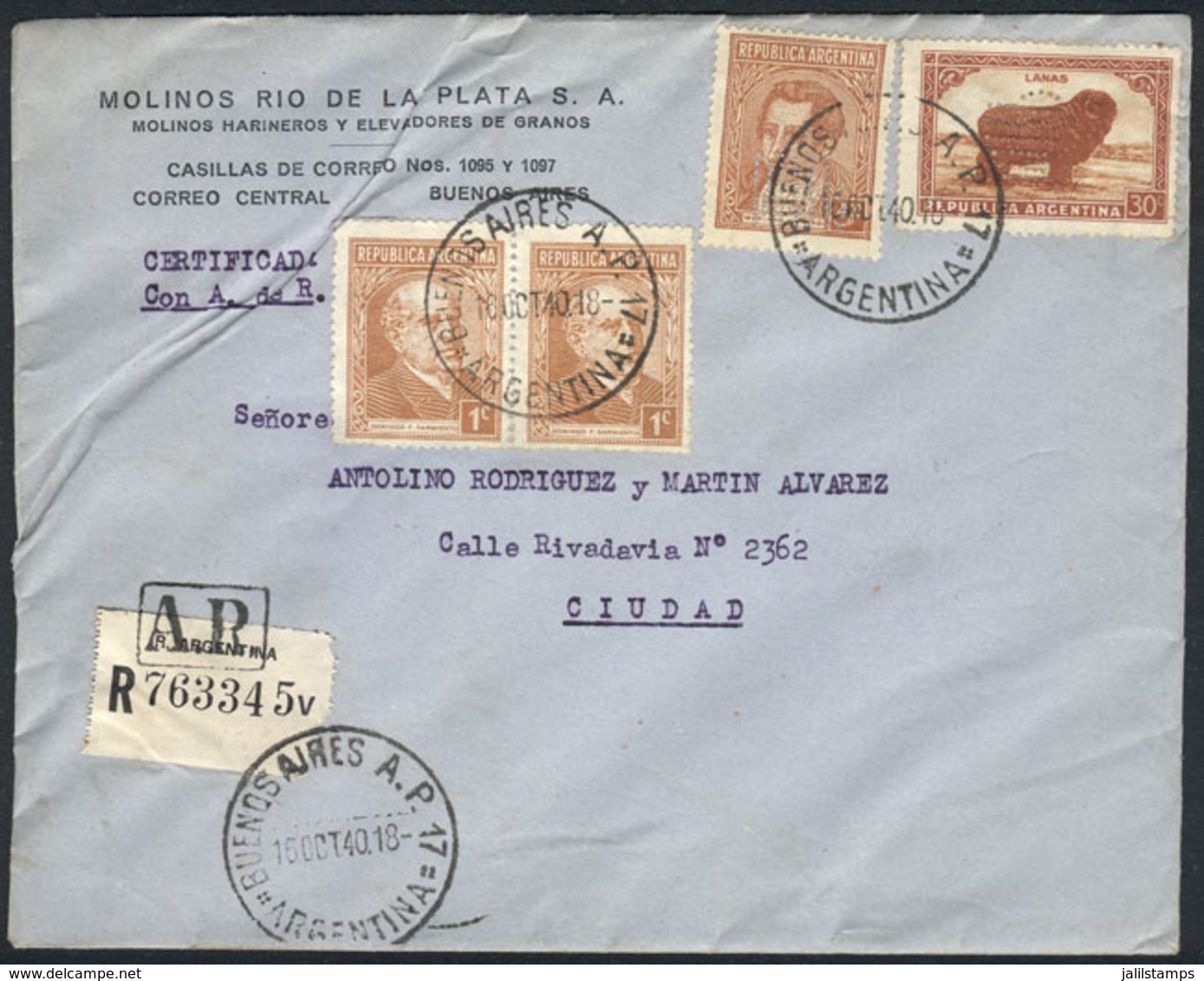 ARGENTINA: PERFINS: Registered Cover Used In Buenos Aires On 16/OC/1940, Franked With 37c., Stamps With Commercial Perfi - Sonstige & Ohne Zuordnung