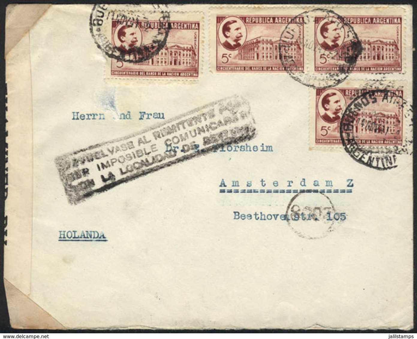 ARGENTINA: Cover (with Minor Defects) Sent To The NETHERLANDS On 11/NO/1941, With British Censor Label, Returned To Send - Sonstige & Ohne Zuordnung