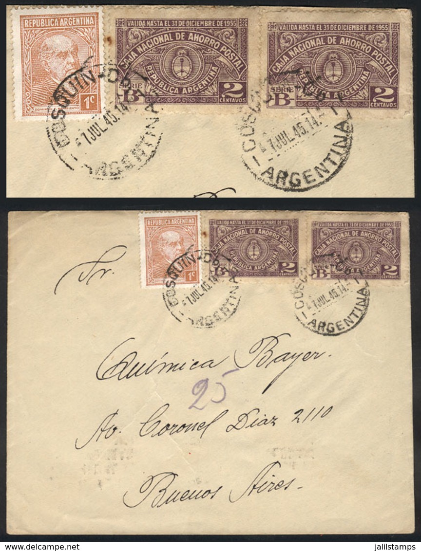 ARGENTINA: Cover Sent From Cosquín To Buenos Aires On 7/JUL/1945 Franked With 1c. Sarmiento + 2 Stamps Of 2c. POSTAL SAV - Altri & Non Classificati