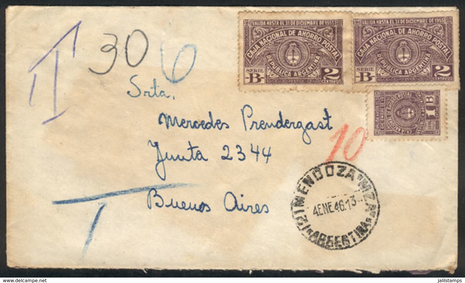 ARGENTINA: Cover Sent From Mendoza To Buenos Aires On 4/JA/1946, Franked With 5c. Using POSTAL SAVING Stamps That Had No - Other & Unclassified