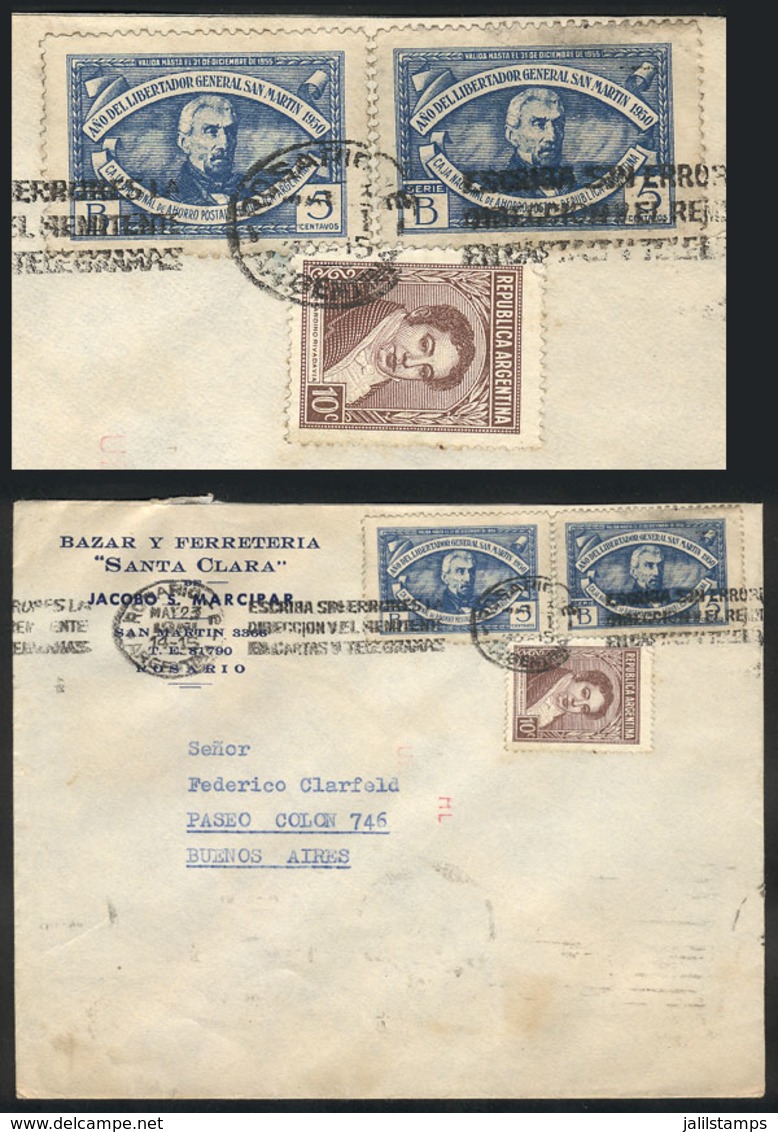 ARGENTINA: Cover Posted From Rosario To Buenos Aires On 23/MAY/1951, Franked With 10c. Rivadavia + 2 POSTAL SAVINGS Stam - Sonstige & Ohne Zuordnung