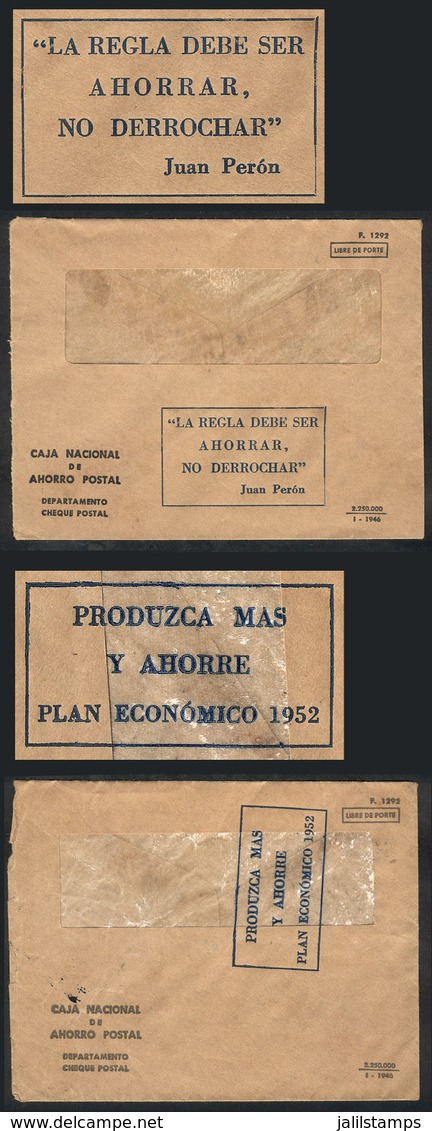 ARGENTINA: 2 Official Envelopes Of POSTAL SAVINGS BANK Used In 1952, With Handstamps On Front: "Produce More And Save -  - Other & Unclassified