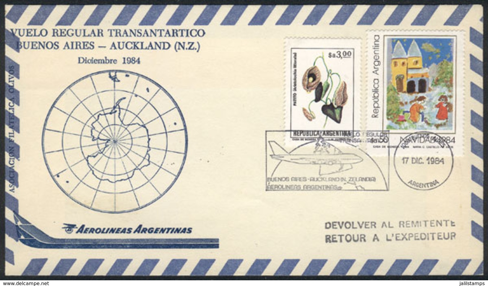 ARGENTINA: 17/DE/1984 Regular TRANSANTARCTIC Flight Buenos Aires - Auckland (New Zealand), With Arrival Backstamp, Excel - Other & Unclassified