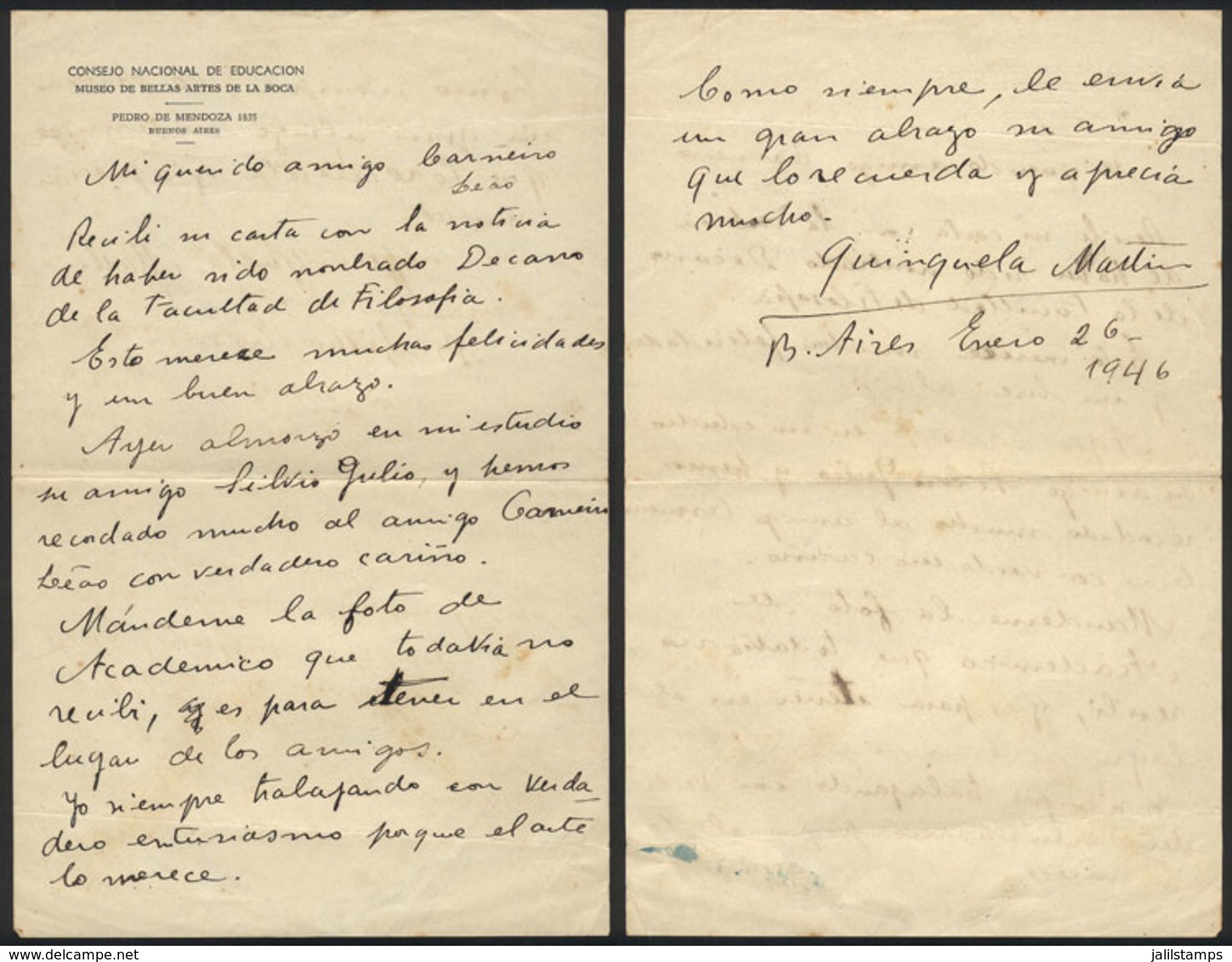 ARGENTINA: QUINQUELA MARTÍN, Benito: Painter, Manuscript Letter To  Carneiro Leao, Signed And Dated 26/JA/1946, VF And R - Otros & Sin Clasificación