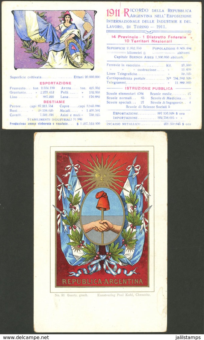 ARGENTINA: 2 Rare PCs: National Coat Of Arms, Printed In Germany (circa 1900) + General Data About National Economy, Car - Argentine