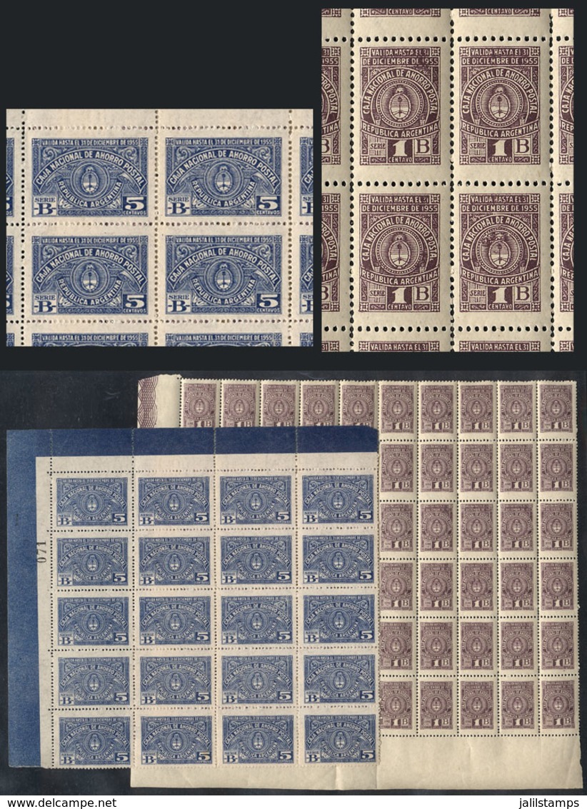 ARGENTINA: POSTAL SAVINGS BANK: 2 Large Blocks Of Stamps Of The Year 1955: 1c. In Block Of 60 And 5c. In Block Of 20, MN - Otros & Sin Clasificación