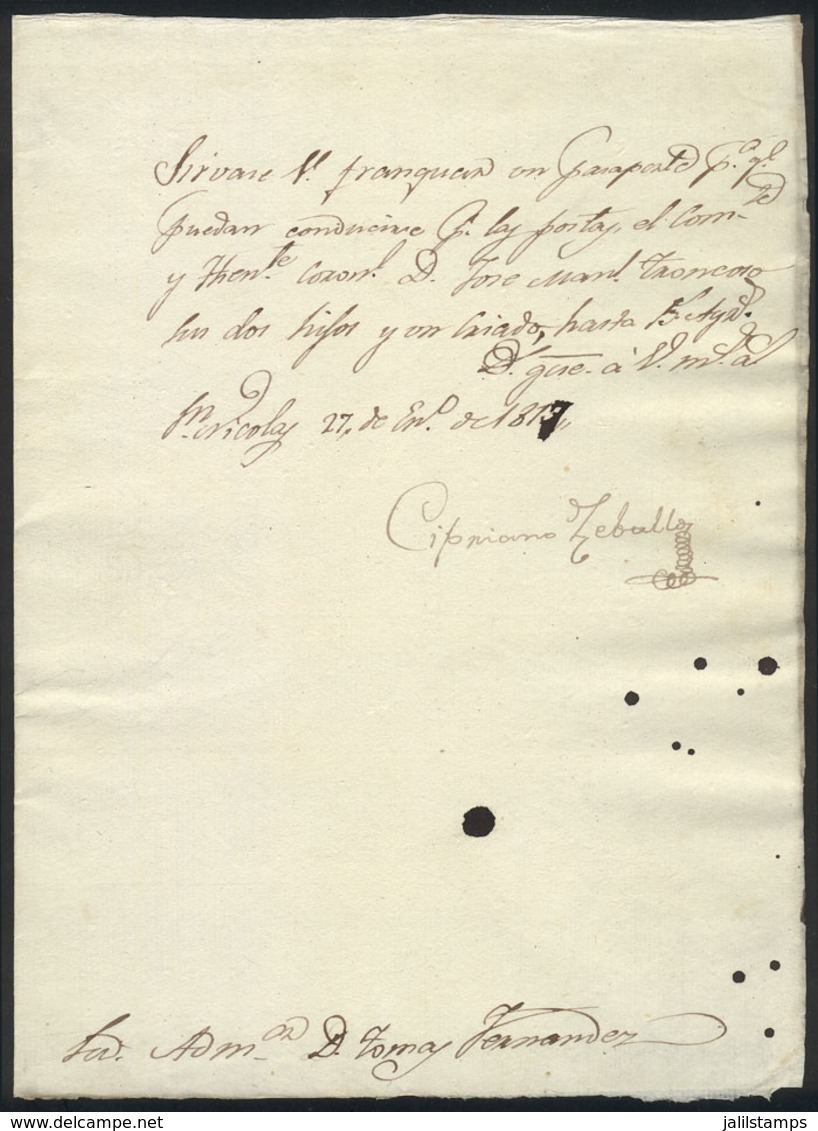 ARGENTINA: 27/JA/1817, Passport For Lieutenant Colonel José Manuel Troncoso, His 2 Sons And A Servant, To Travel By The  - Otros & Sin Clasificación