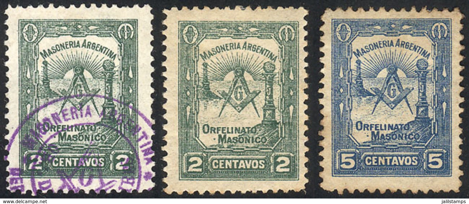 ARGENTINA: Masonic Orphanage, Set Of 2 Cinderellas Of 2c. And 5c., And Another 2c. Used, Rare, Very Good Lot! - Other & Unclassified