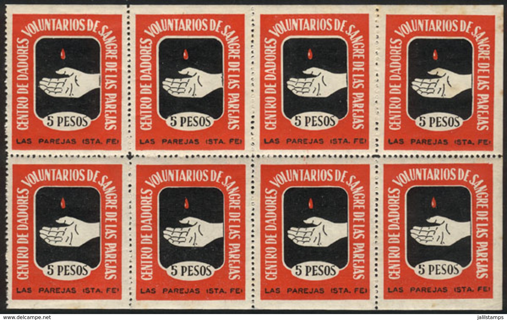 ARGENTINA: Center Of Voluntary BLOOD DONORS Of Las Parejas (Santa Fe), 5 Pesos, Rare Sheet Of 8 Labels, VF! - Other & Unclassified