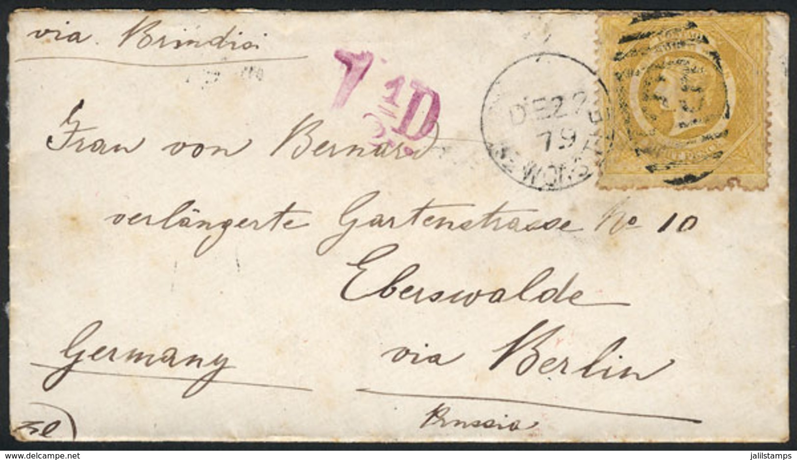 AUSTRALIA: Cover Sent From NEWCASTLE To Germany On 22/DE/1879, Franked With 8p. Yellow (Sc.58) With "55" Numeral Duplex  - Briefe U. Dokumente