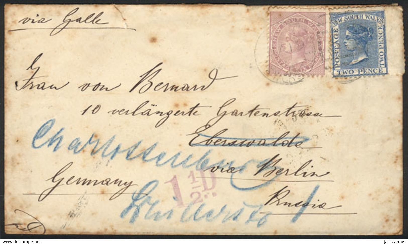 AUSTRALIA: Cover Sent From NEWCASTLE To Germany On 19/JA/1880, Franked With 2p. Blue + 6p. Lilac With "55" Numeral Duple - Cartas & Documentos