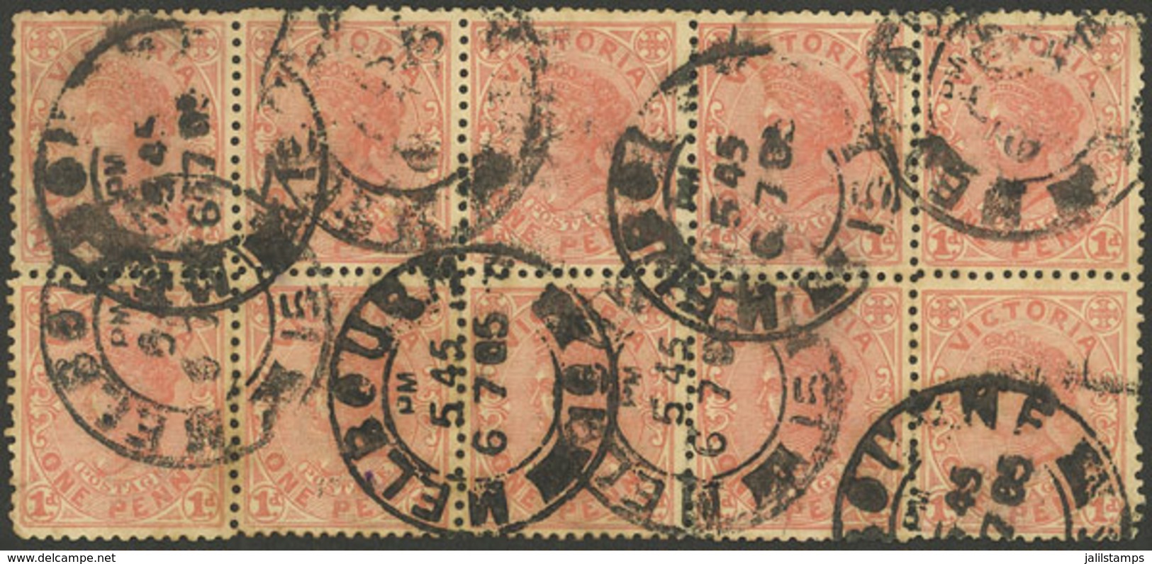 AUSTRALIA: Nice Block Of 10 Stamps Of 1p. Used In Melbourne On 6/JUL/1905, VF - Gebruikt