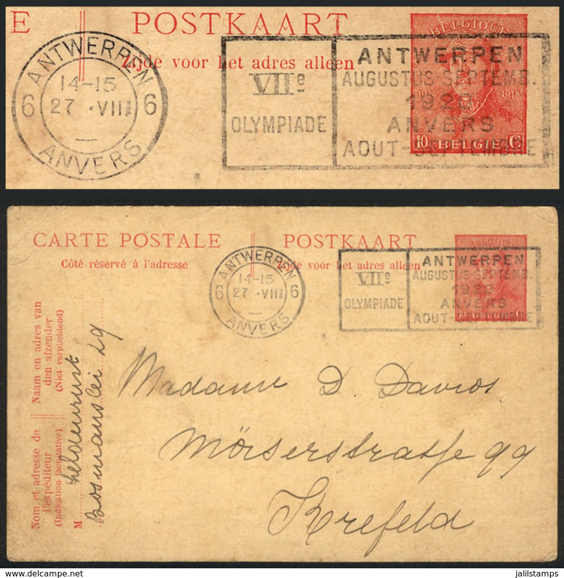 BELGIUM: Postal Card Sent From Antwerpen To Krefeld On 27/AU/1920, With Machine Cancel With Slogan About OLYMPIC GAMES,  - Otros & Sin Clasificación