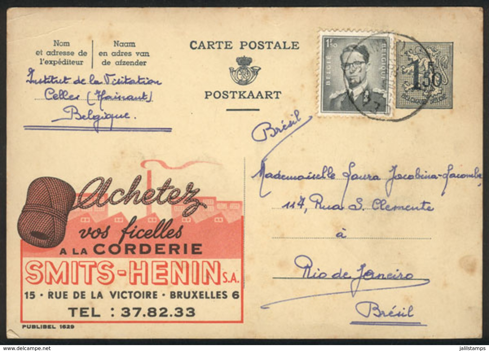 BELGIUM: Advertising Postal Card (ROPES) Sent To Brazil On 27/OC/1959, Very Nice! - Otros & Sin Clasificación
