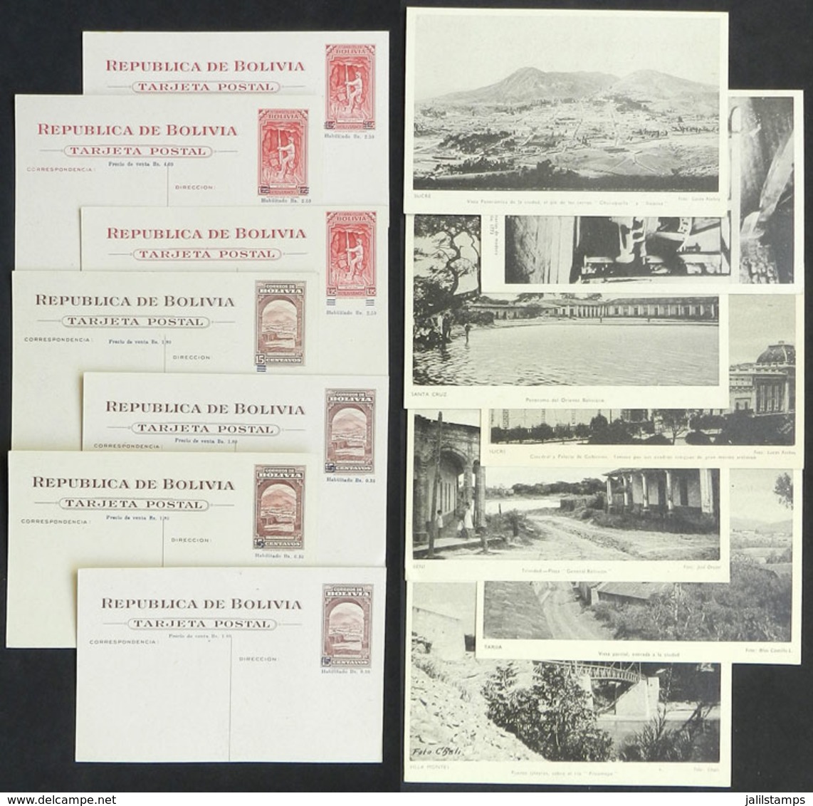 BOLIVIA: 7 Overprinted Postal Cards, All With Attractive Views Printed On Back, Very Thematic: Bridge, Cities, Streets,  - Bolivia