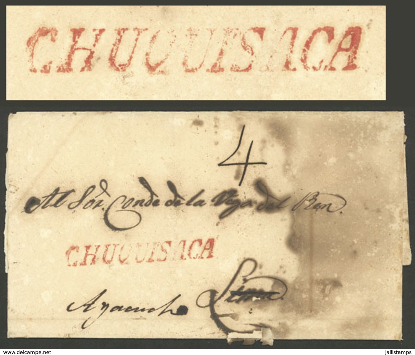 BOLIVIA: Folded Cover Dated 24/DE/1833, Sent To Lima And Then Forwarded To Ayacucho, With "4" Rating In Pen Along Straig - Bolivien