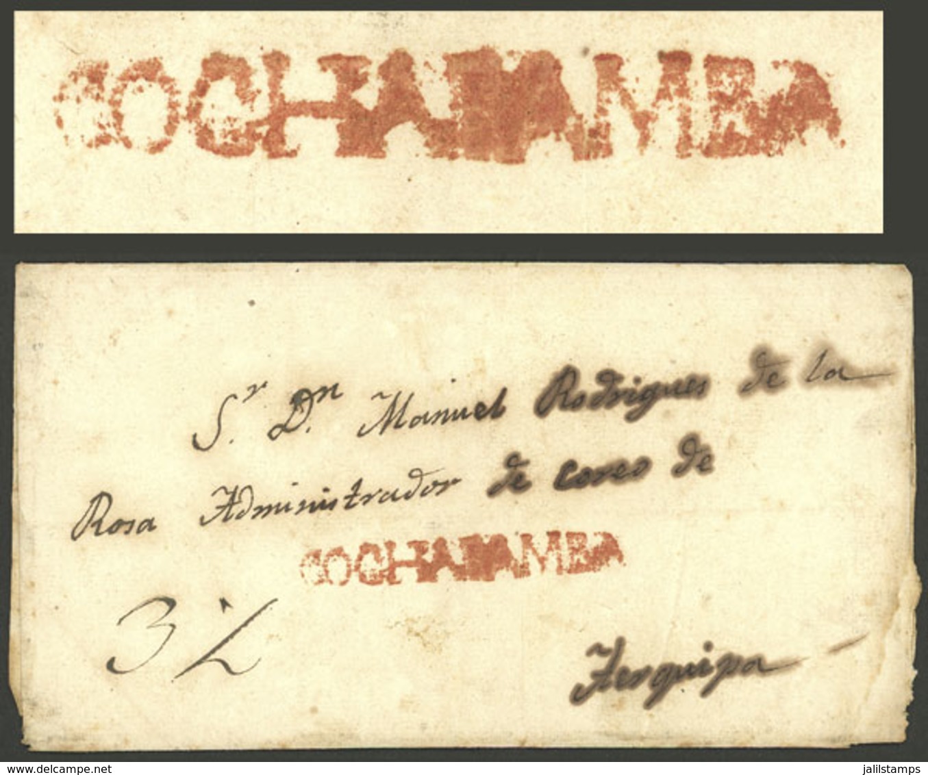 BOLIVIA: Circa 1800, Folded Cover Sent To Arequipa With "3½" Rating In Pen And COCHABAMBA Mark In Red (47 X 5.5 Mm), VF  - Bolivien