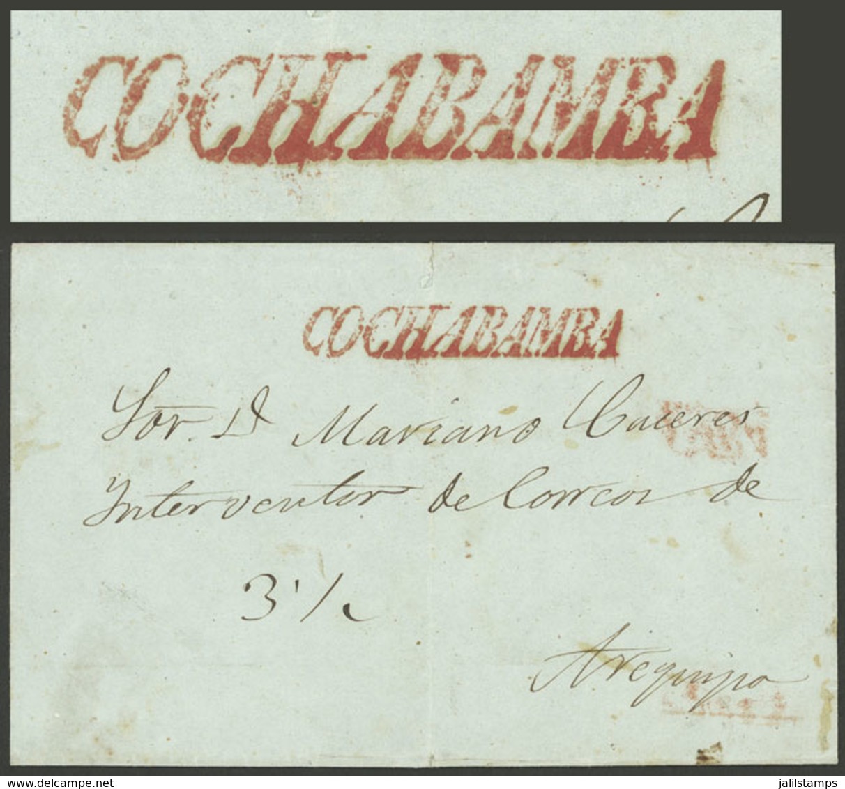 BOLIVIA: Circa 1800, Folded Cover Sent To Arequipa With "3½" Rating In Pen And COCHABAMBA Mark In Red (52 X 8 Mm), VF Qu - Bolivië