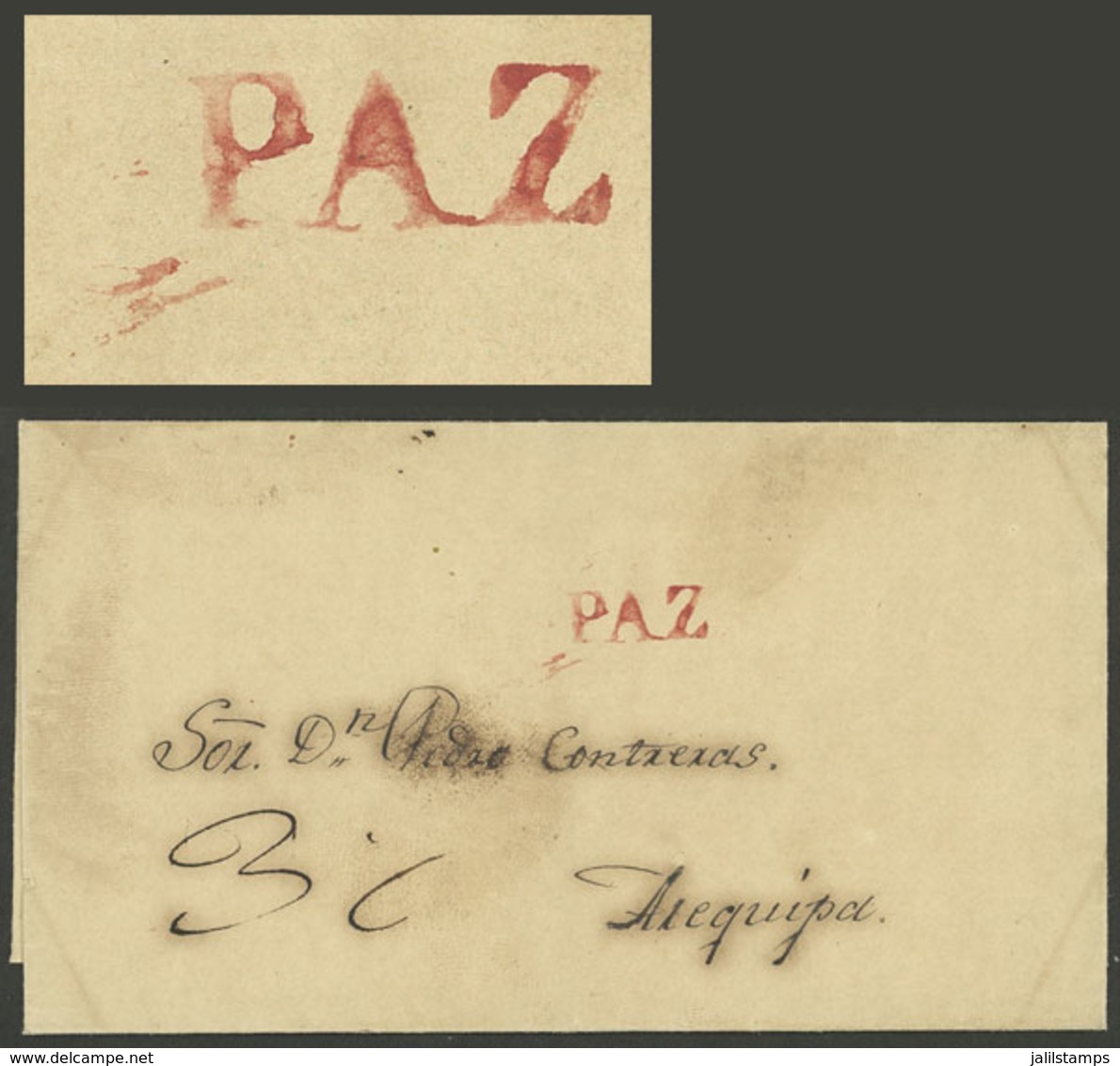 BOLIVIA: Folded Cover Sent To Arequipa, With "3" Rating In Pen And PAZ Mark (16.5 X 7 Mm) Perfectly Applied, In Red, Exc - Bolivien