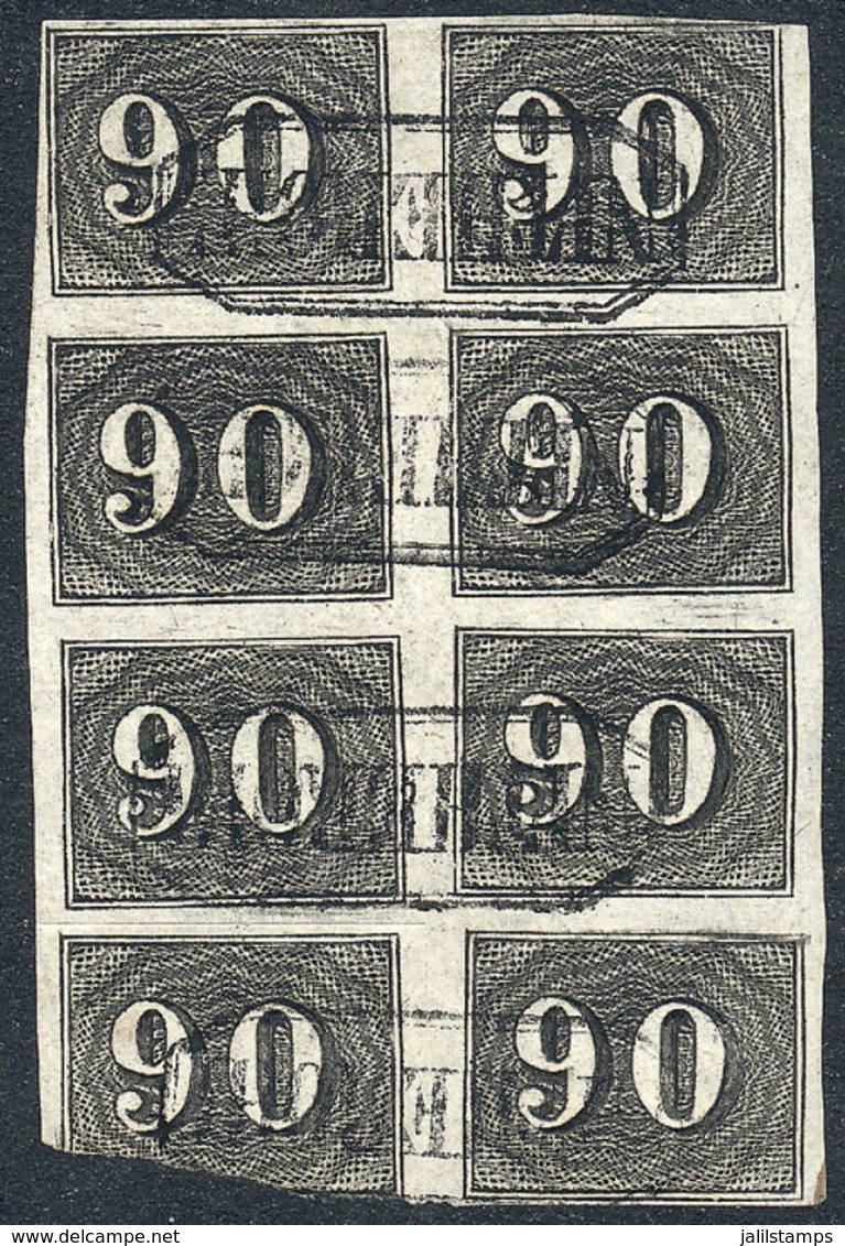 BRAZIL: Sc.25, 1850 90r. Black, Fantastic Block Of 8 Of Excellent Quality (one Stamp With Defects) Cancelled NITHEROI, V - Andere & Zonder Classificatie