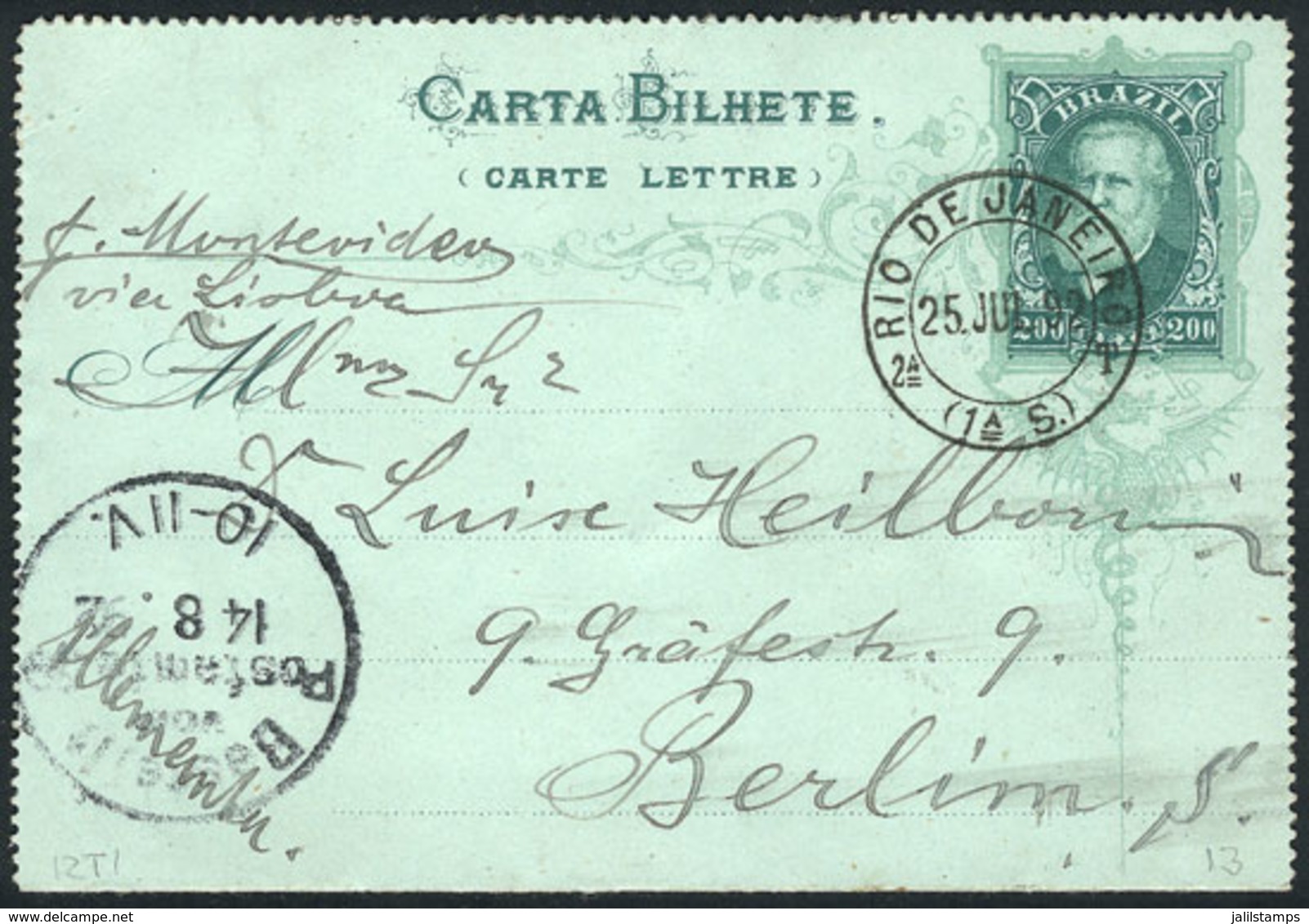 BRAZIL: RHM.CB-16, Lettercard Sent From Rio To Germany On 25/JUL/1892, VF, Catalog Value 1,900Rs. - Andere & Zonder Classificatie