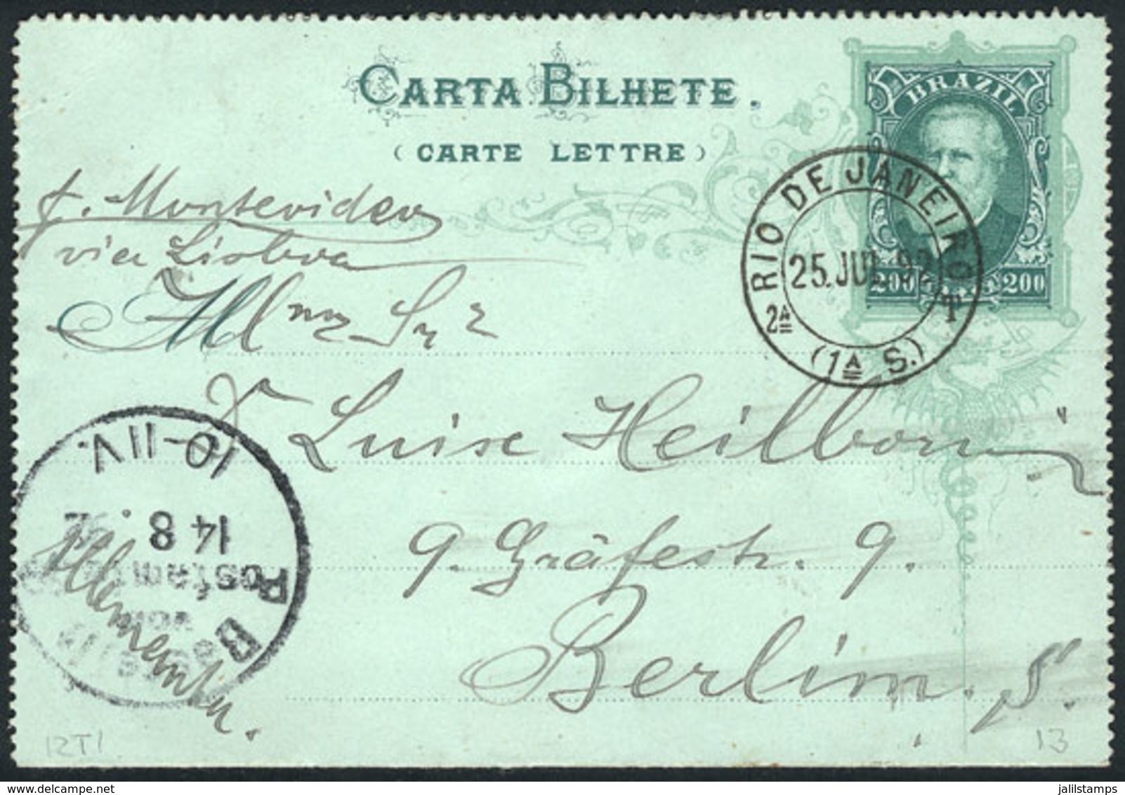 BRAZIL: RHM.CB-16, Lettercard Sent From Rio To Germany On 25/JUL/1892, VF, Catalog Value 1,900Rs. - Sonstige & Ohne Zuordnung