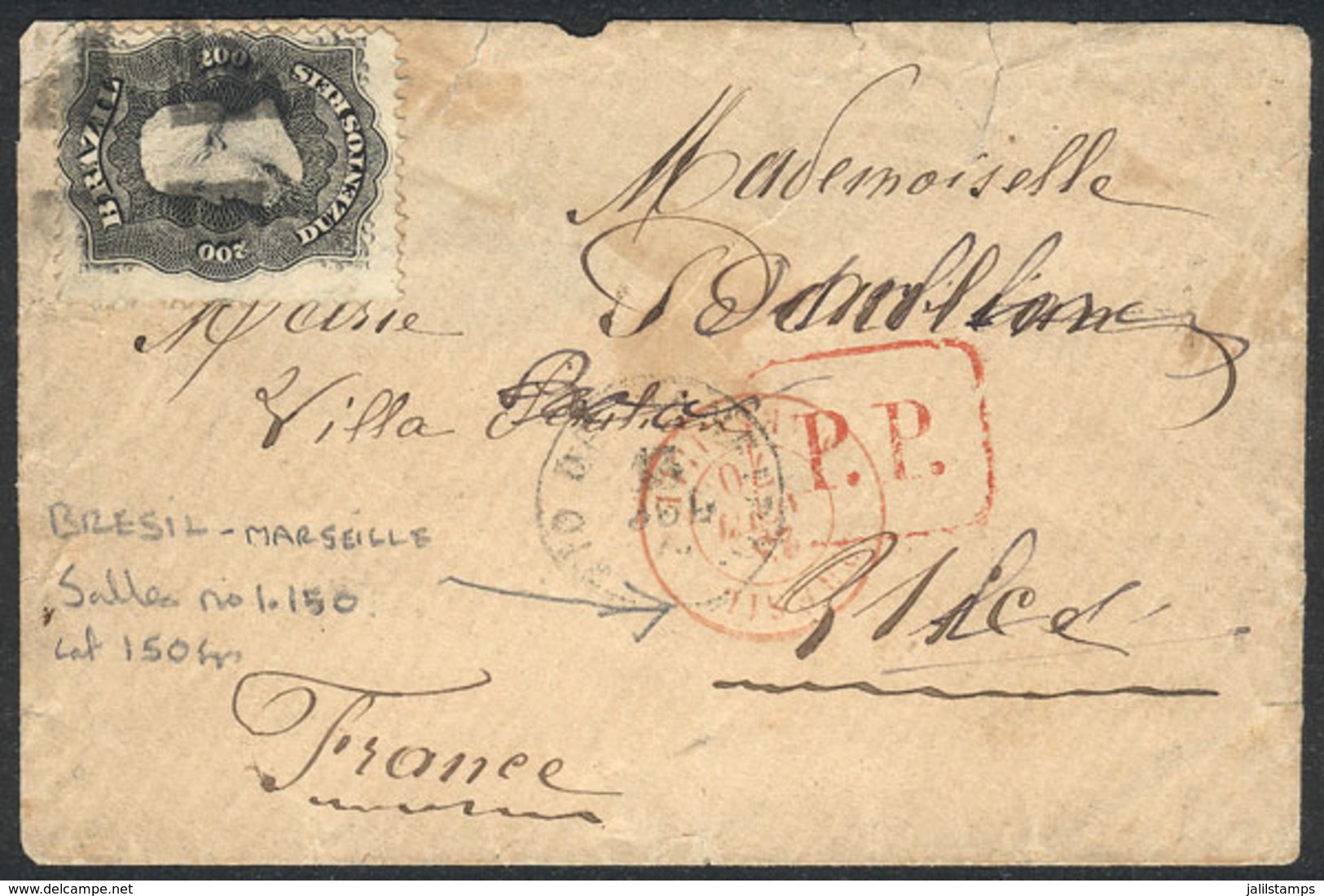 BRAZIL: Cover Franked By Sc.59, Mute Cancel, Sent To France On 13/JUL/1870, Very Nice! - Sonstige & Ohne Zuordnung