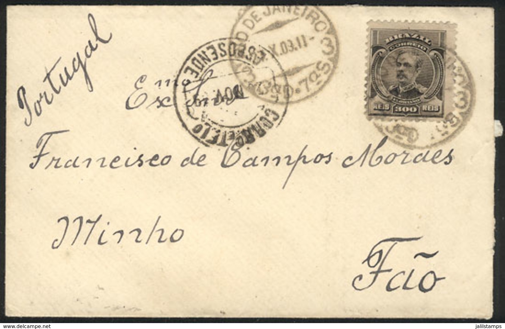 BRAZIL: Cover Franked With 300Rs. Sent From Rio De Janeiro To FAO (Portugal) On 27/OC/1909, With Very Nice Postal Markin - Other & Unclassified