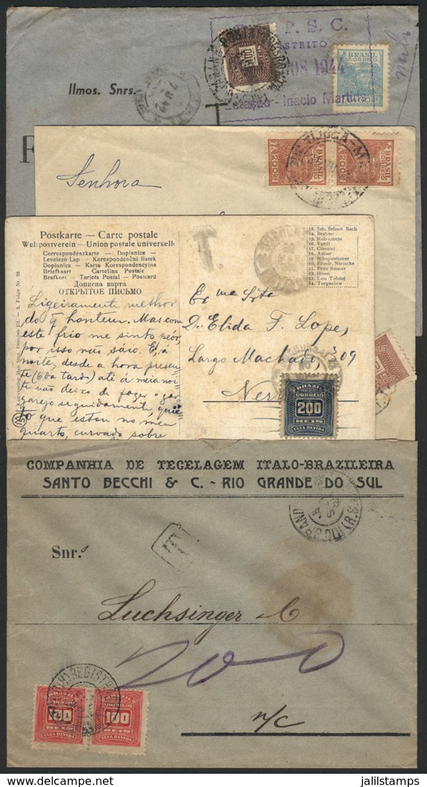 BRAZIL: Circa 1910 To 1950: 3 Covers + 1 PC Posted Stampless Or With Invalid Or Insufficient Postage, With POSTAGE DUE S - Other & Unclassified