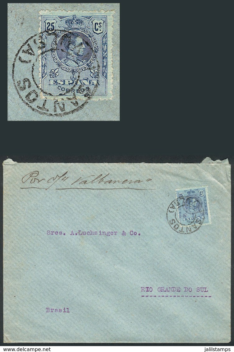 BRAZIL: Cover Sent From Barcelona To Rio Grande Do Sul (Brazil), Franked With 25c. UNCANCELLED In Origin. On Arrival In  - Otros & Sin Clasificación