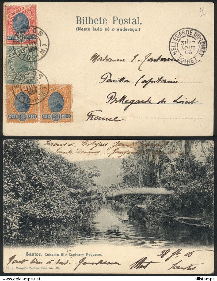 BRAZIL: Postcard (Santos: Cubatao Rio Capivary Pequeno) Sent To France On 31/JUL/1906 Franked With 100Rs., VF! - Other & Unclassified