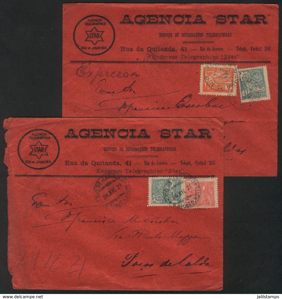 BRAZIL: 2 Envelopes Of AGENCIA STAR Sent From Rio To Poços De Caldas In DE/1921, VF Quality! - Autres & Non Classés