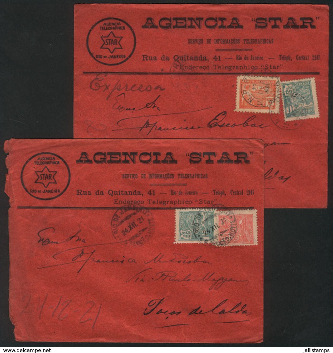 BRAZIL: 2 Envelopes Of AGENCIA STAR Sent From Rio To Poços De Caldas In DE/1921, VF Quality! - Other & Unclassified