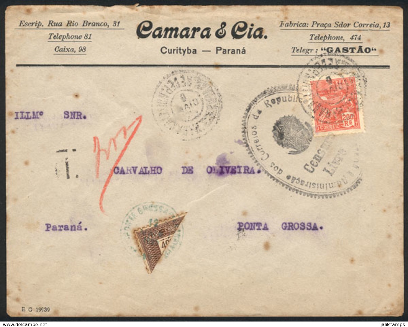 BRAZIL: Cover Sent From Curitiba To Ponta Grossa On 12/MAY/1925 Franked With 200Rs., With Very Rare Oval CENSOR Mark, On - Sonstige & Ohne Zuordnung