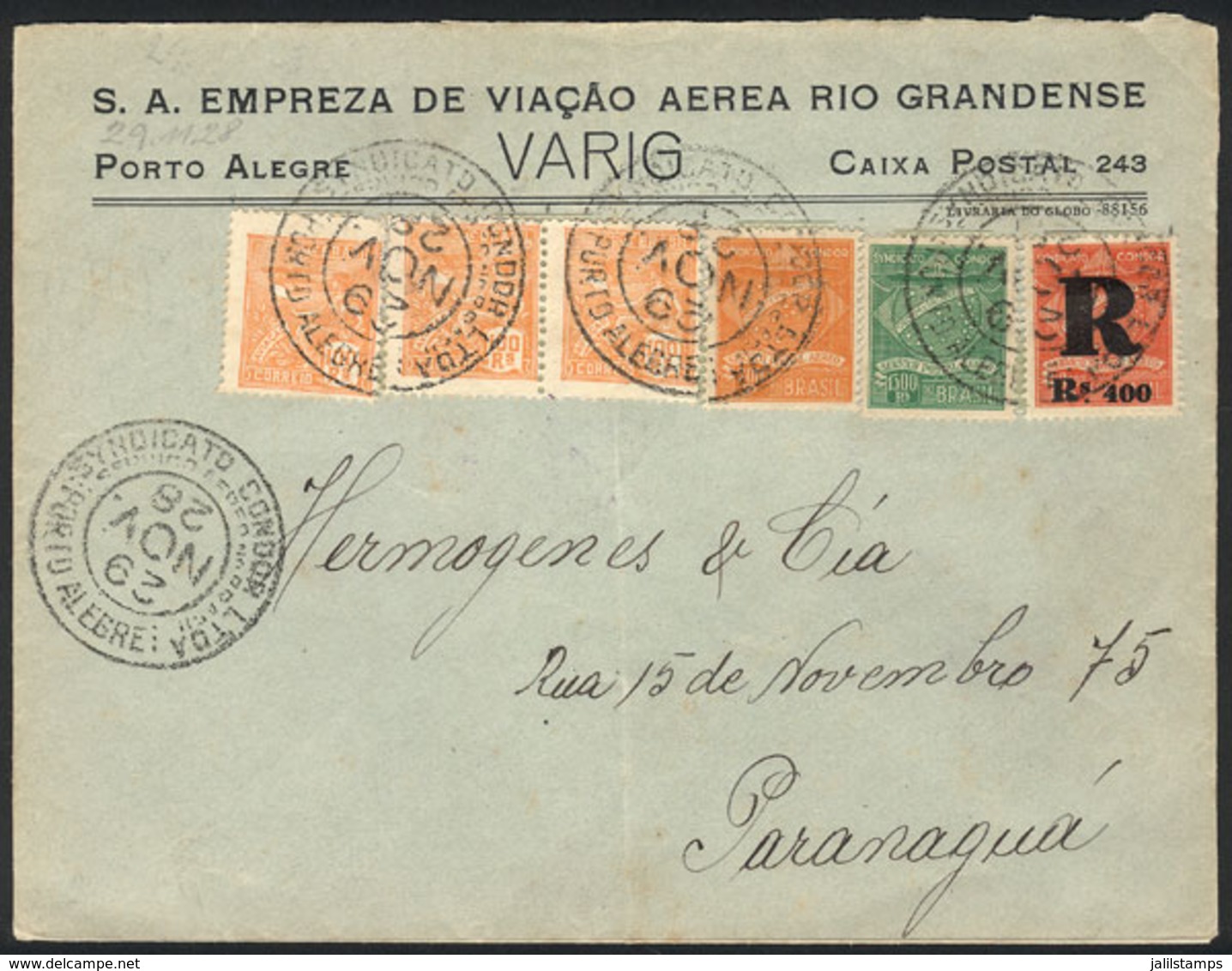 BRAZIL: VARIG Envelope Flown Via CONDOR On 29/NO/1928 From Porto Alegre To Paranaguá, Franked By RHM.K-8 + Other Values, - Sonstige & Ohne Zuordnung