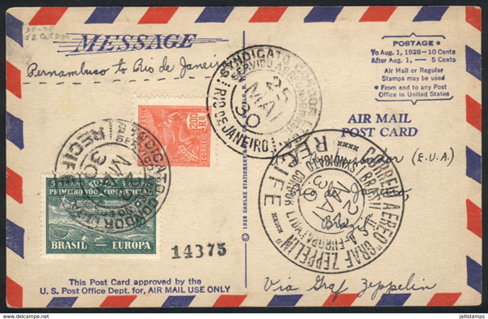 BRAZIL: 22/MAY/1930 Recife - Rio De Janeiro, Via ZEPPELIN: Card Franked By Sc.4CL1 + 200Rs. Definitive, Rio Arrival Mark - Andere & Zonder Classificatie