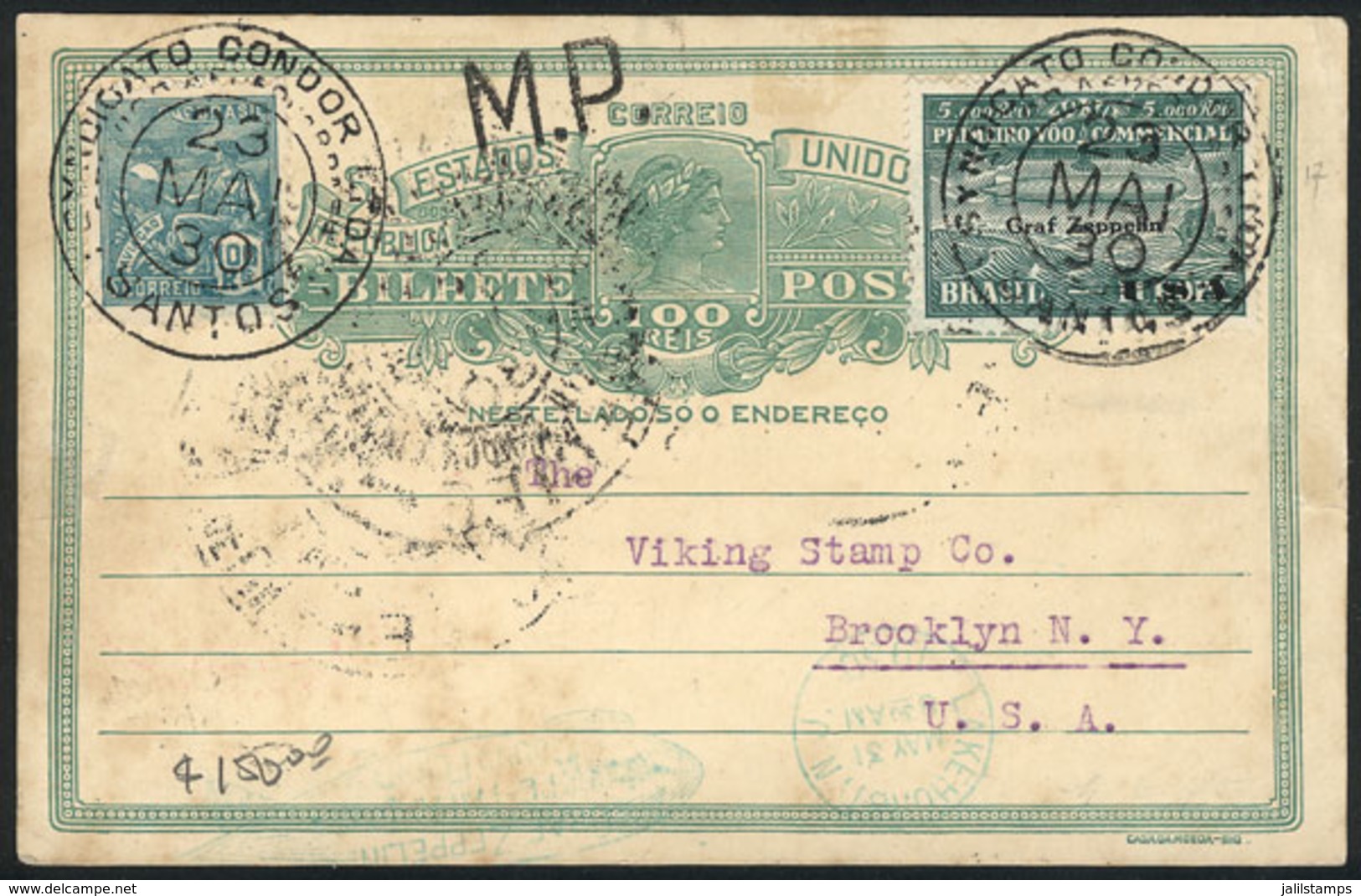 BRAZIL: 23/MAY/1930 Santos - New York, Via ZEPPELIN: Card Franked By Sc.4CL8 + 100Rs. Definitive, With Transit Marks Of  - Sonstige & Ohne Zuordnung