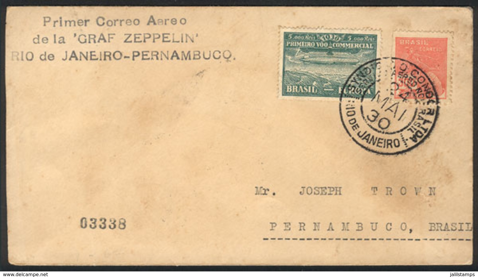 BRAZIL: Cover Flown By ZEPPELIN, Sent From Rio De Janeiro To Pernambuco On 24/MAY/1930, Low Start! - Otros & Sin Clasificación