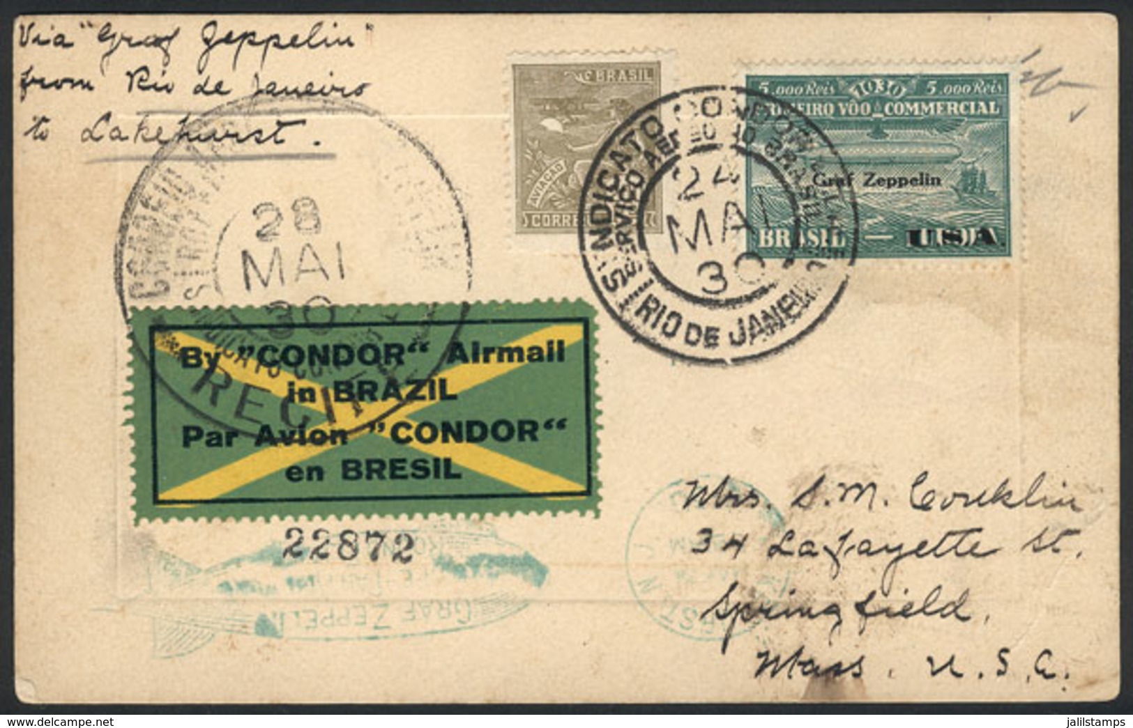 BRAZIL: 24/MAY/1930 Rio De Janeiro - Springfield (USA), Via ZEPPELIN: Card Franked By Sc.4CL8 + 200Rs. Definitive, With  - Sonstige & Ohne Zuordnung