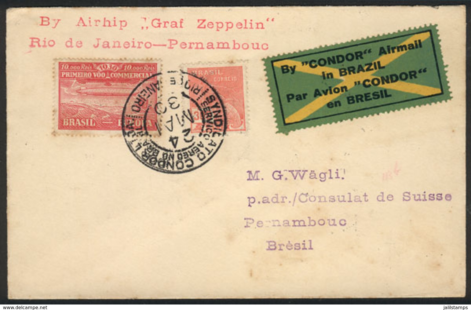 BRAZIL: Cover Flown By ZEPPELIN, Sent From Rio De Janeiro To Pernambuco On 24/MAY/1930, Very Nice, Low Start! - Other & Unclassified