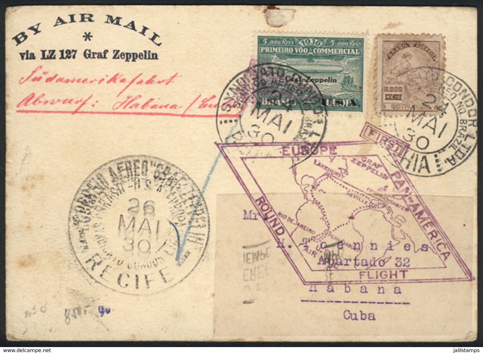 BRAZIL: 24/MAY/1930 Rio De Janeiro - HABANA (Cuba), Via ZEPPELIN: Card Franked By Sc.4CL8 + 5,000Rs. Definitive, Special - Other & Unclassified