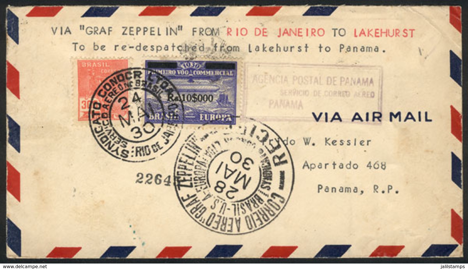 BRAZIL: 24/MAY/1930 Rio De Janeiro - PANAMÁ, Via ZEPPELIN: Cover Franked By Sc.4CL5 + 300Rs. Definitive, With Transit Ma - Other & Unclassified