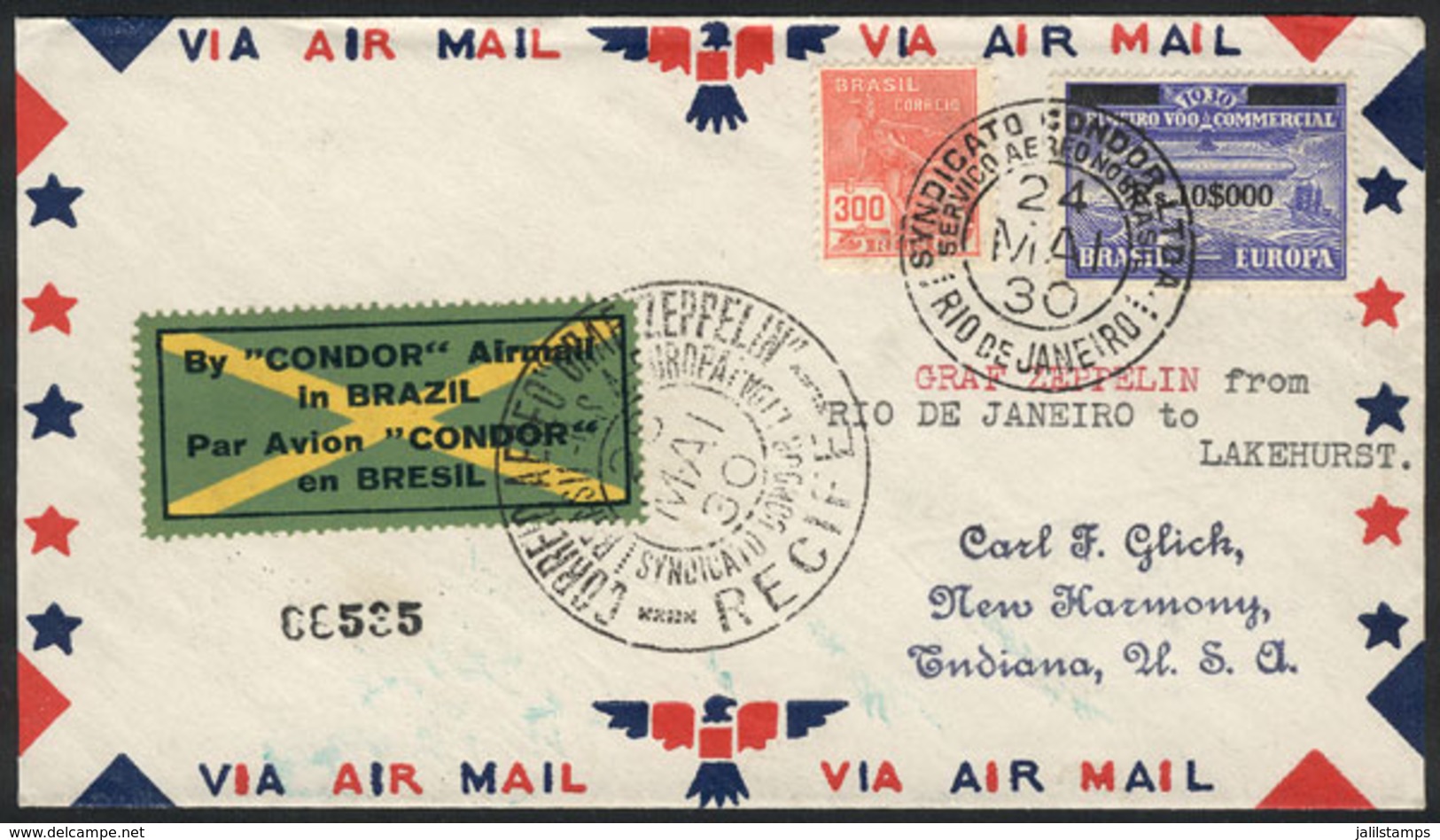 BRAZIL: 24/MAY/1930 Rio De Janeiro - Indiana, Via ZEPPELIN: Cover Franked By Sc.4CL5 + 300Rs. Definitive, With Transit M - Sonstige & Ohne Zuordnung