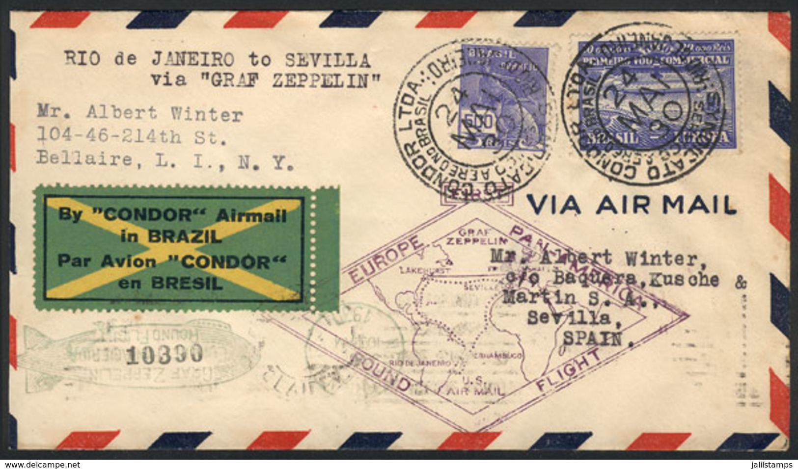 BRAZIL: 24/MAY/1930 Rio De Janeiro - Sevilla (Spain), Via ZEPPELIN: Cover Franked By Sc.4CL3 + 500Rs. Definitive, Specia - Andere & Zonder Classificatie