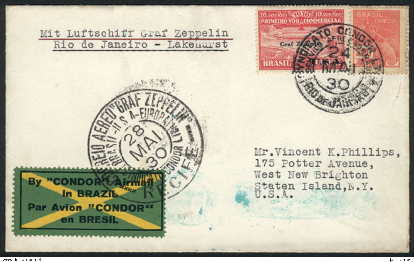 BRAZIL: 24/MAY/1930 Rio De Janeiro - Staten Island, N.Y., Via ZEPPELIN: Cover Franked By Sc.4CL9 + 300Rs. Definitive, Wi - Other & Unclassified