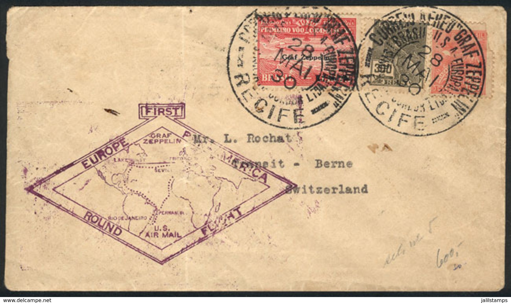 BRAZIL: 28/MAY/1930 Recife - Switzerland, Via ZEPPELIN: Cover Franked By Sc.4CL9 + 500Rs. Definitive, With Friedrichshaf - Andere & Zonder Classificatie