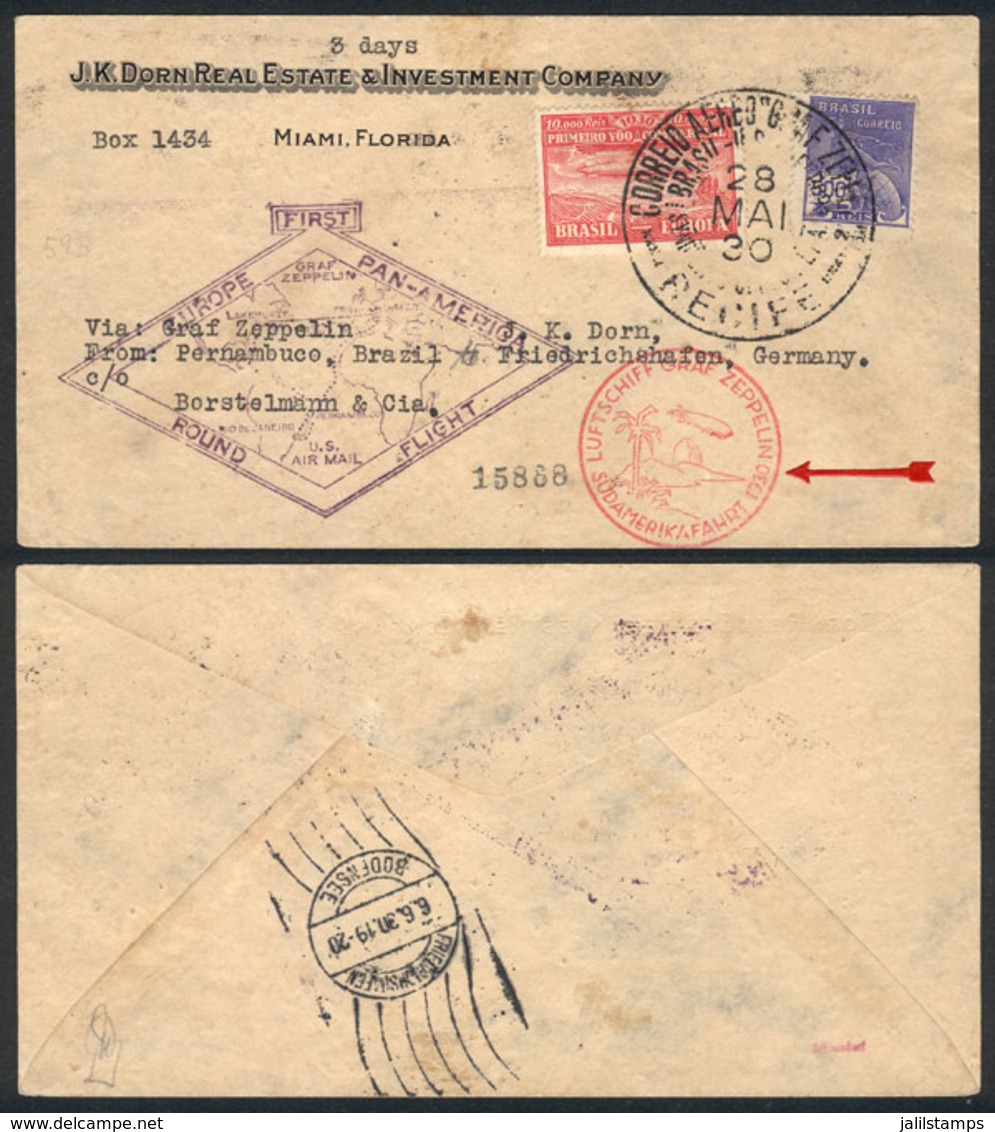 BRAZIL: Cover Franked With 10,500 Reis, Sent From Recife To Germany On 28/MAY/1930, With German (rose Red) And American  - Sonstige & Ohne Zuordnung